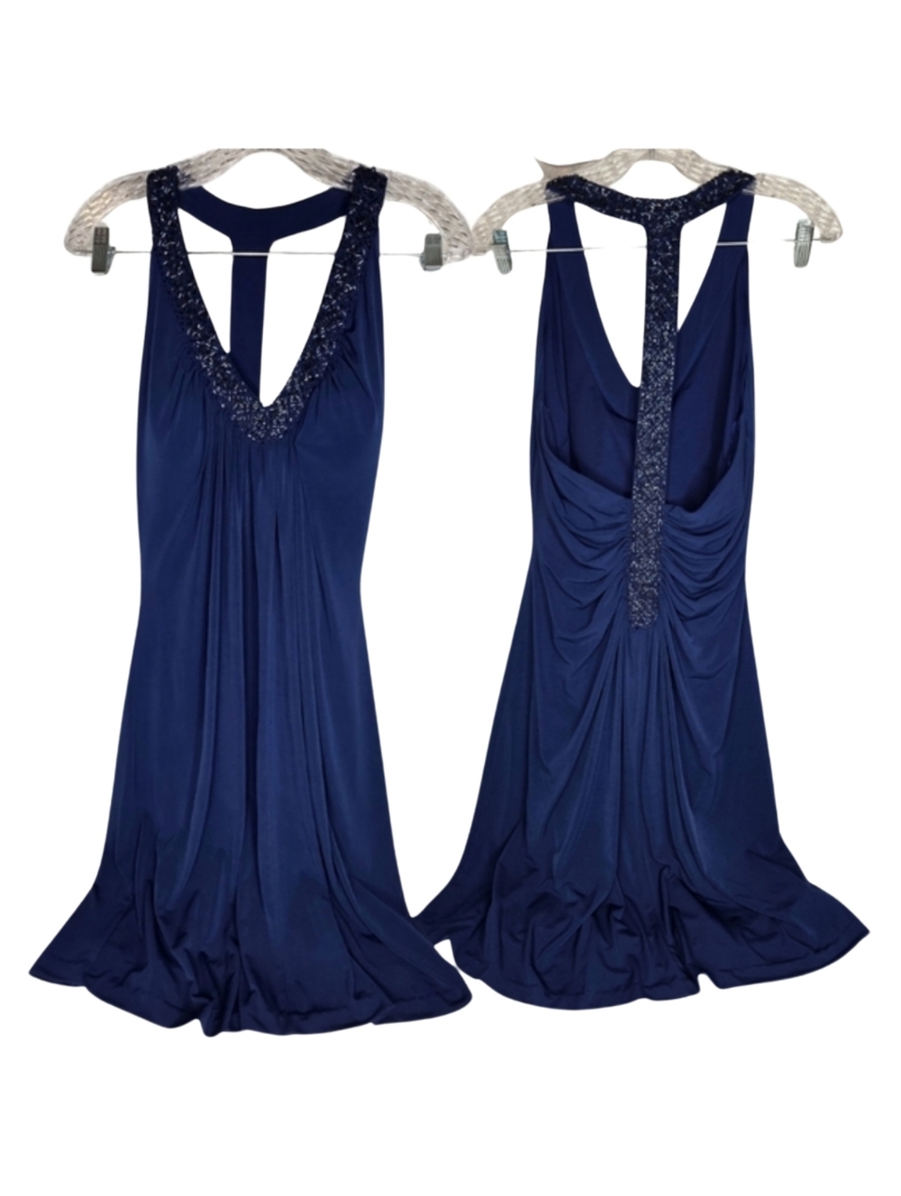 Alex Evenings Dress Gown 12P Pleated Beaded Halter V Padded Bust A-2357